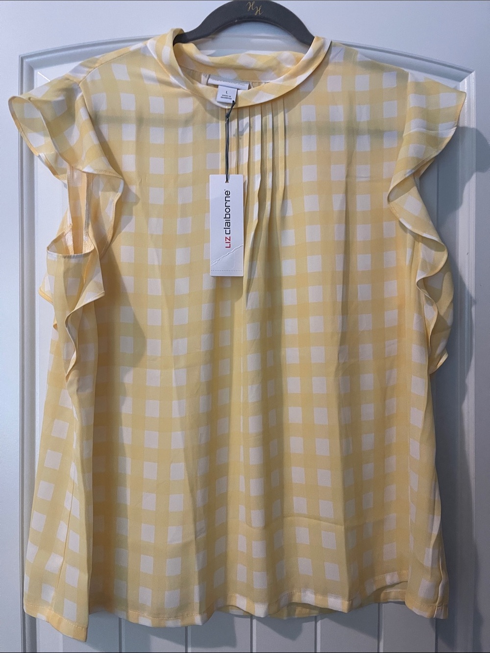 Liz Claiborne Yellow and White Gingham Ruffle Sleeve Blouse